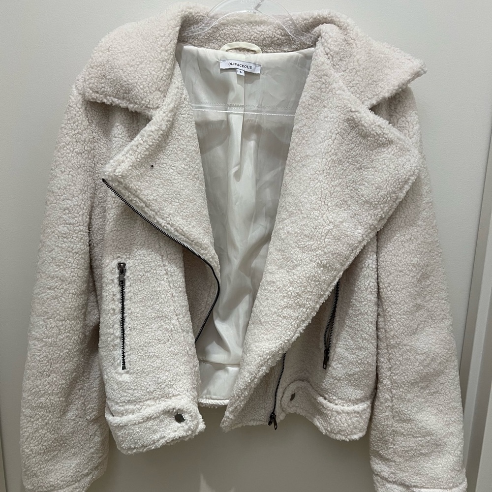 Olivaceous Cream Teddy Jacket Plush Moto Style